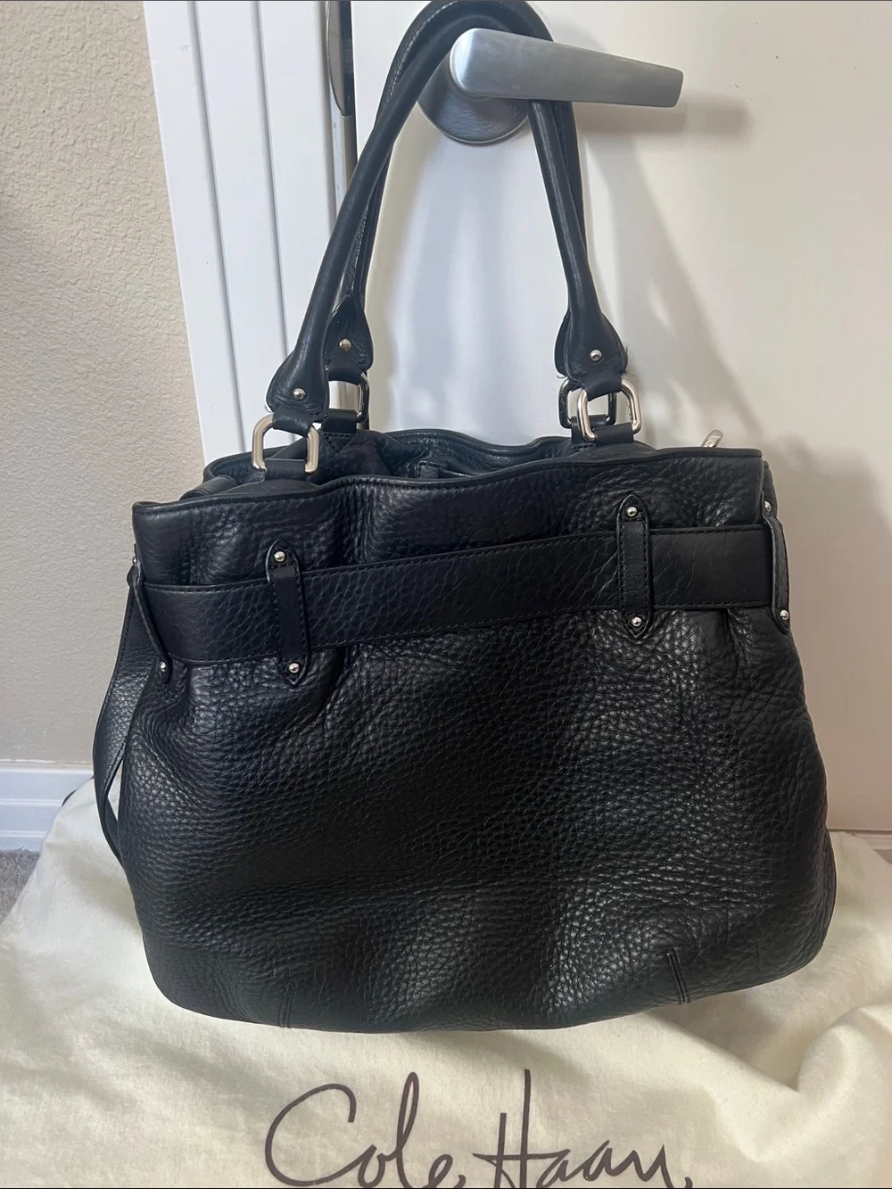 Cole Haan Black Pebbled Leather Satchel with Silver Hardware